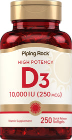 Piping Rock Vitamina D3 10000 UI | 250 mcg | 250 Cápsulas Blandas | Alta Potencia | Sin OGM y Sin Gluten