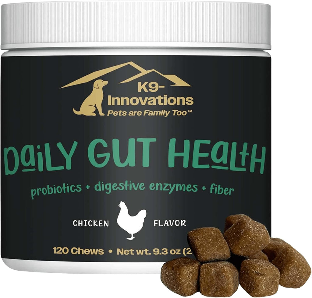 K9-Innovations Probióticos para Perros - Salud Digestiva e Inmunitaria, 2 Billones de UFC, Enzimas + Probióticos, Sabor Pollo, 120 Masticables