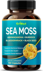 Premium Sea Moss with Ashwagandha, Burdock Bladderwrack, Black Seed for Immune System, Skin, Digestion & Energy (150 Count)