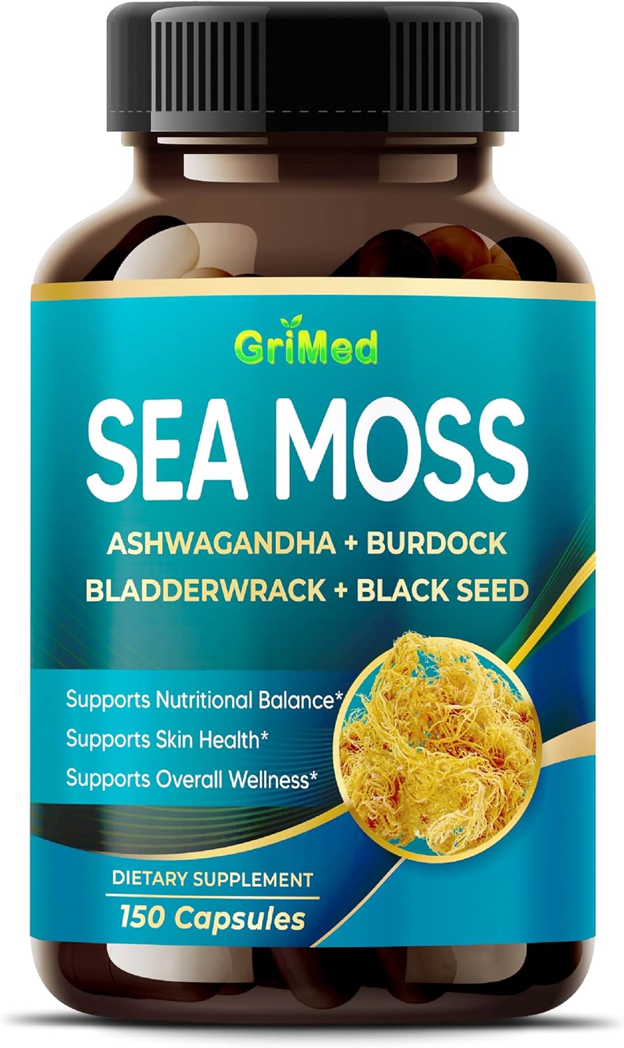 Premium Sea Moss with Ashwagandha, Burdock Bladderwrack, Black Seed for Immune System, Skin, Digestion & Energy (150 Count)