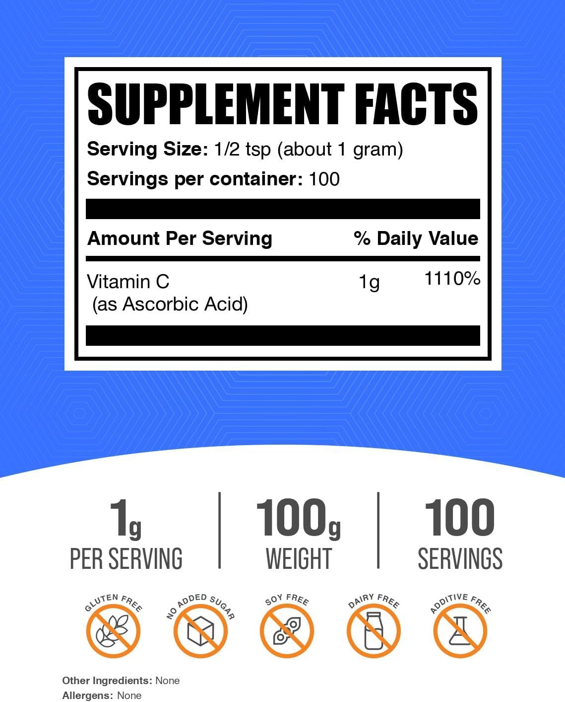 Ascorbic Acid Powder - Vitamin C 1000 mg per serving - 100 g