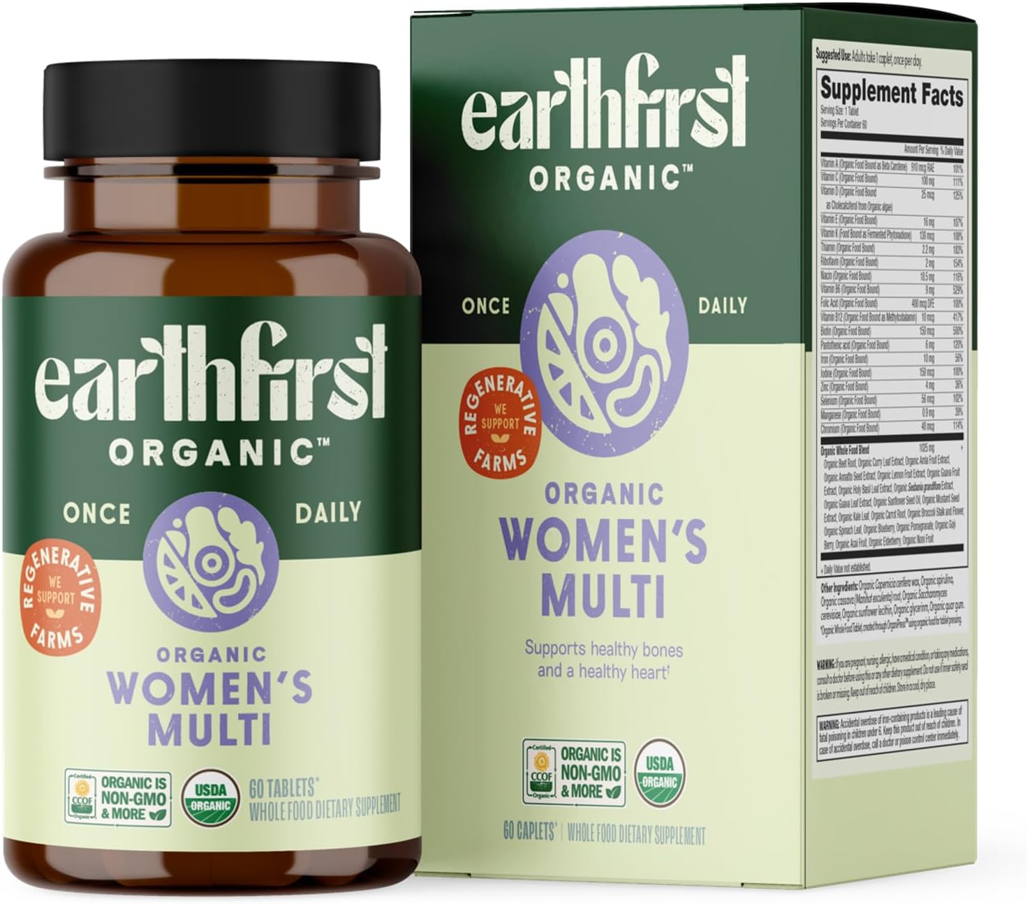 EarthFirst Organic Women’s Multi Once Daily - Multivitamínico para Mujer con Hierro y Vitamina B12 - 60 Comprimidos