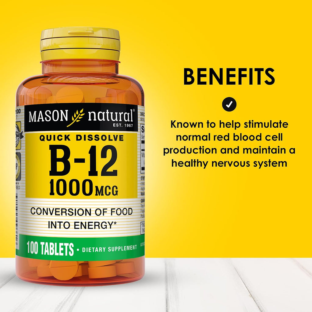 MASON NATURAL Vitamina B12, 1000 mcg Comprimidos de Disolución Rápida, 100 Comprimidos