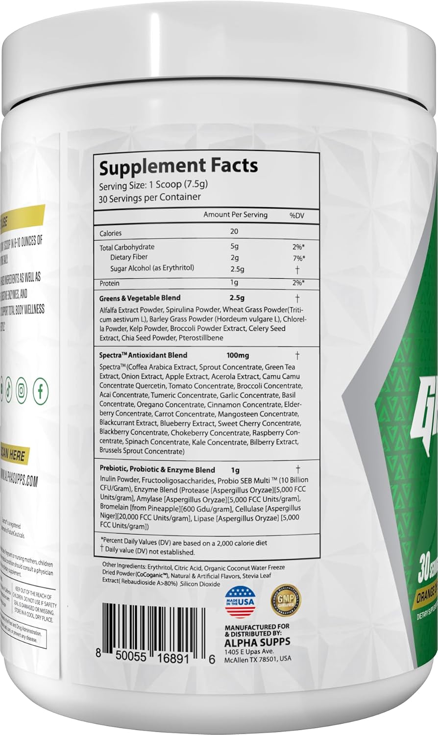 Alpha Supps Alpha Greens - Superalimento en polvo con frutas y verduras - Naranja Cereza - 30 raciones