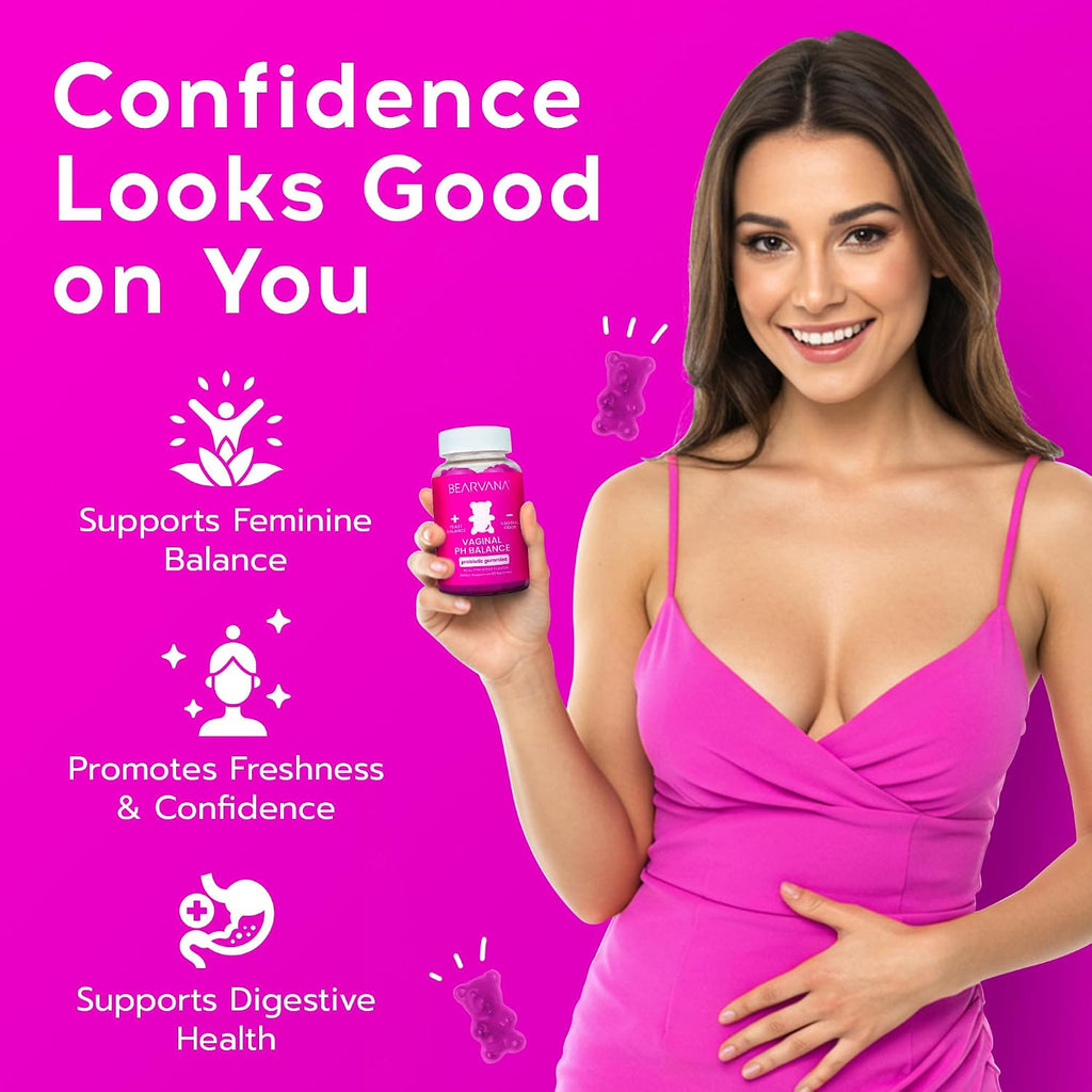 BEARVANA Gominolas de Probióticos y Vitamina C para el Apoyo del pH Vaginal – Suplemento de Bienestar Femenino con Sabor a Piña – 60 Gominolas