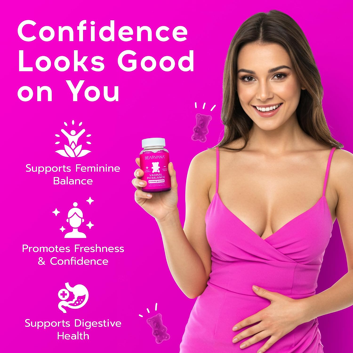 BEARVANA Gominolas de Probióticos y Vitamina C para el Apoyo del pH Vaginal – Suplemento de Bienestar Femenino con Sabor a Piña – 60 Gominolas