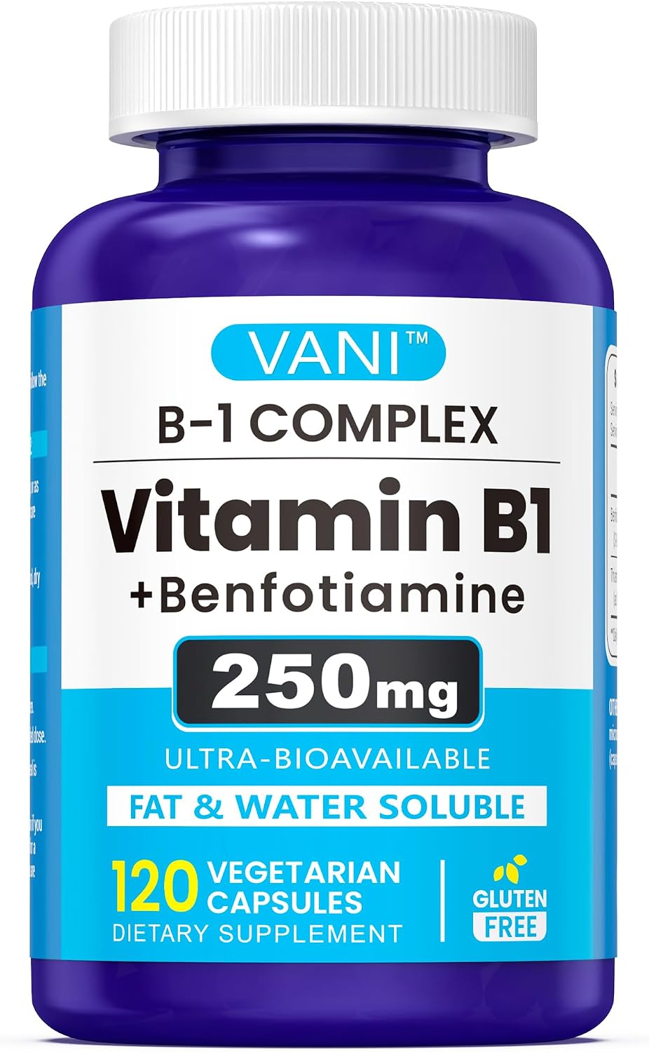 VANI Vitamina B1 con Benfotiamina 250mg, Fórmula Potenciada 2 en 1 - Tiamina Soluble en Grasa y Agua | 120 Cápsulas | Sin Gluten