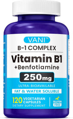 VANI Vitamina B1 con Benfotiamina 250mg, Fórmula Potenciada 2 en 1 - Tiamina Soluble en Grasa y Agua | 120 Cápsulas | Sin Gluten