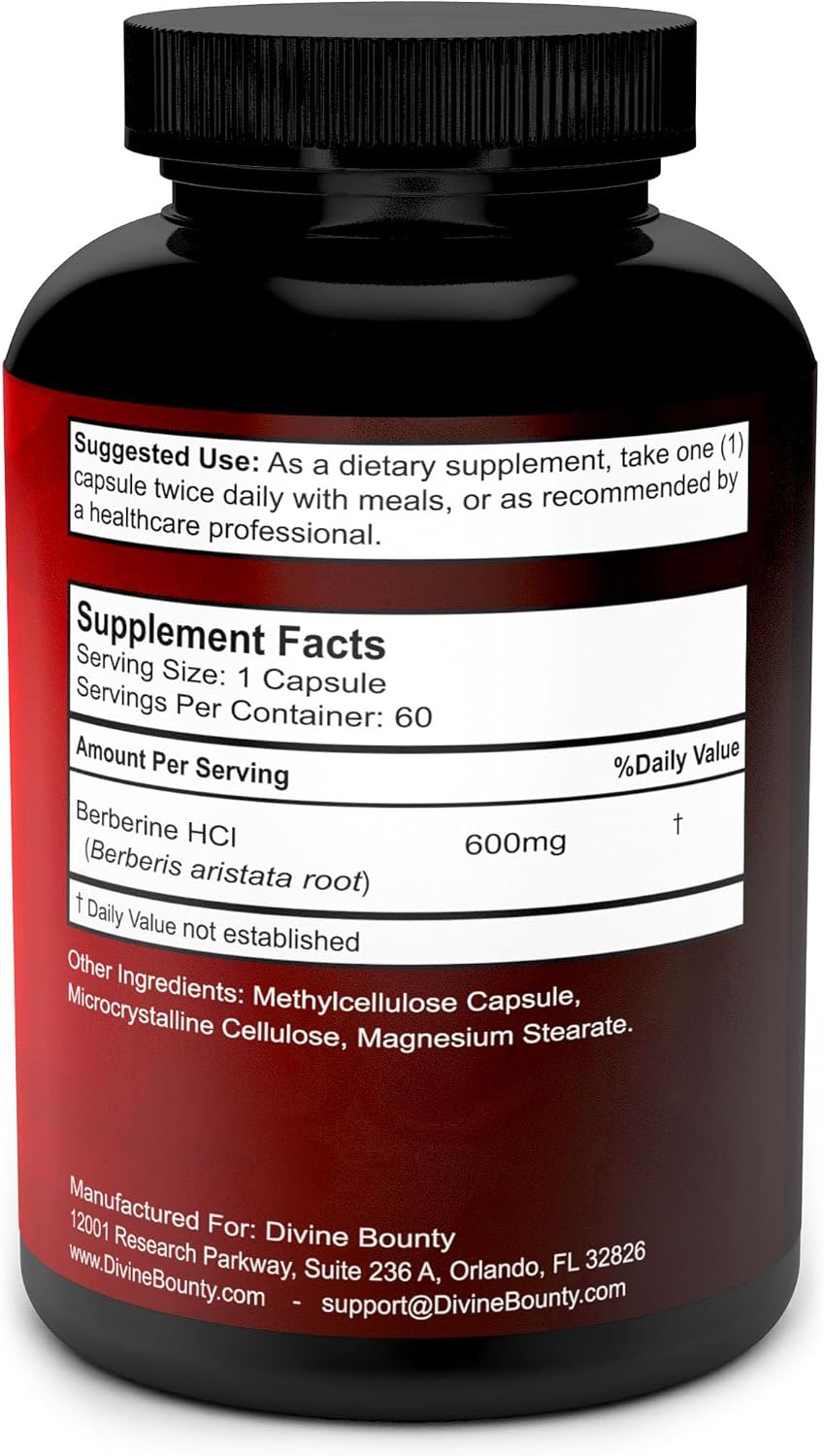Divine Bounty Complejo de Berberina Puro - 600mg por Cápsula de Berberina HCl - 60 Cápsulas Vegetarianas
