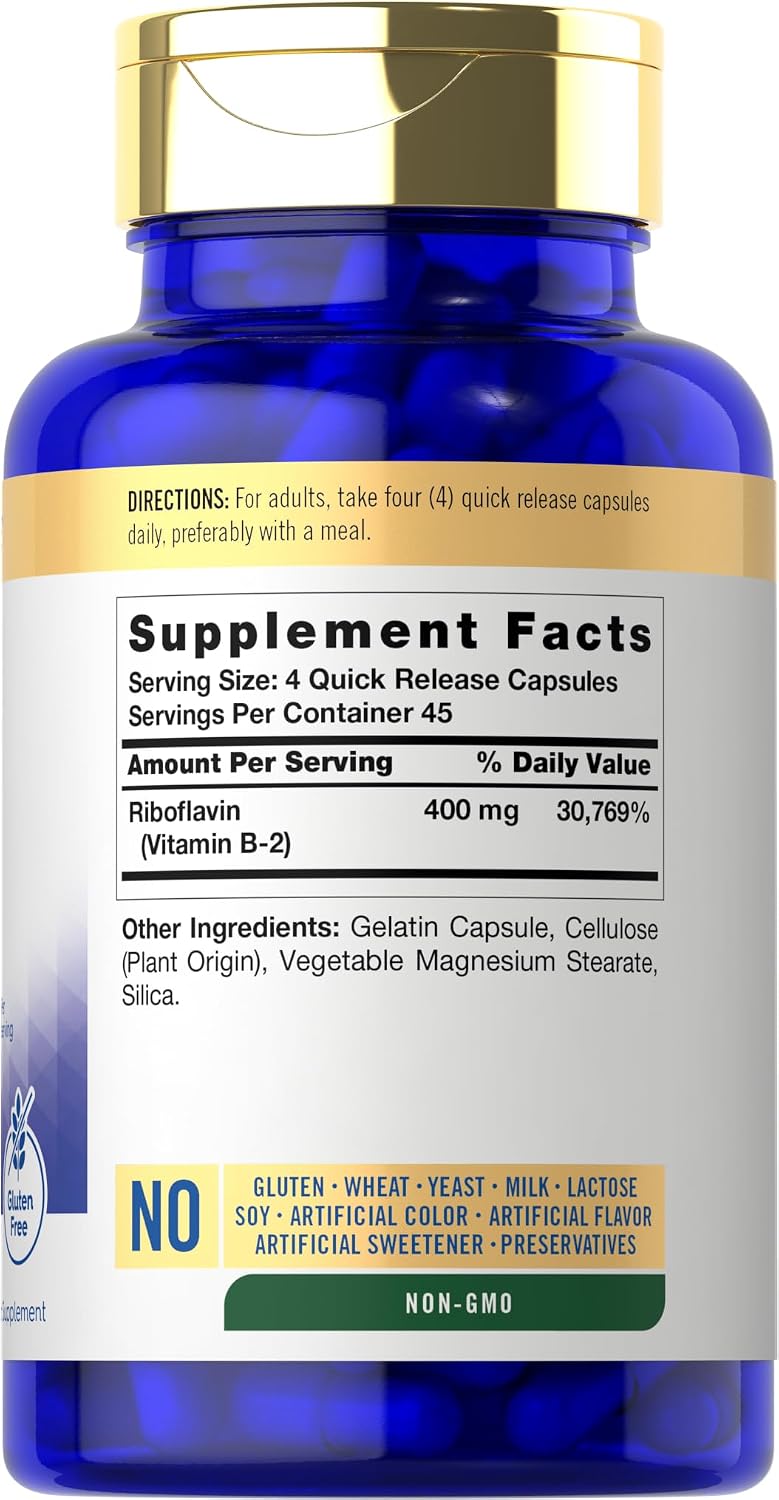 Carlyle Vitamina B-2 400 mg | 180 Cápsulas | Suplemento No Transgénico, Sin Gluten | B2 Riboflavina