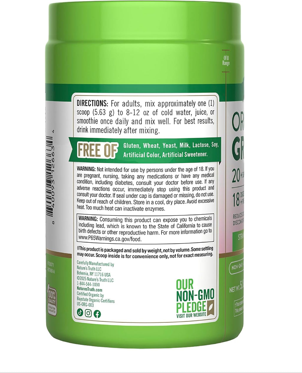 Nature's Truth Organic Greens Powder - Polvo de Superalimentos Orgánicos con Enzimas Digestivas y Prebióticos, Sabor Fresa Kiwi, 146 g