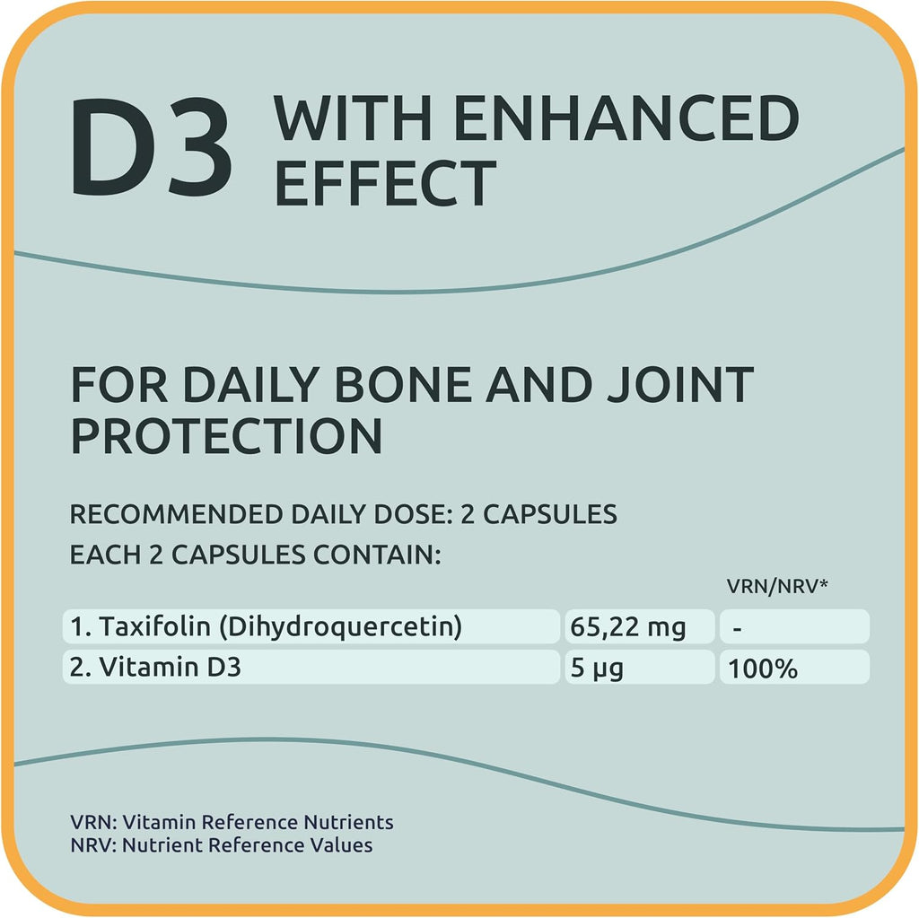 Taxifolina (Dihidroquercetina) + Vitamina D3 – 530 mg, 60 Cápsulas Veganas – Antioxidante y Salud Ósea