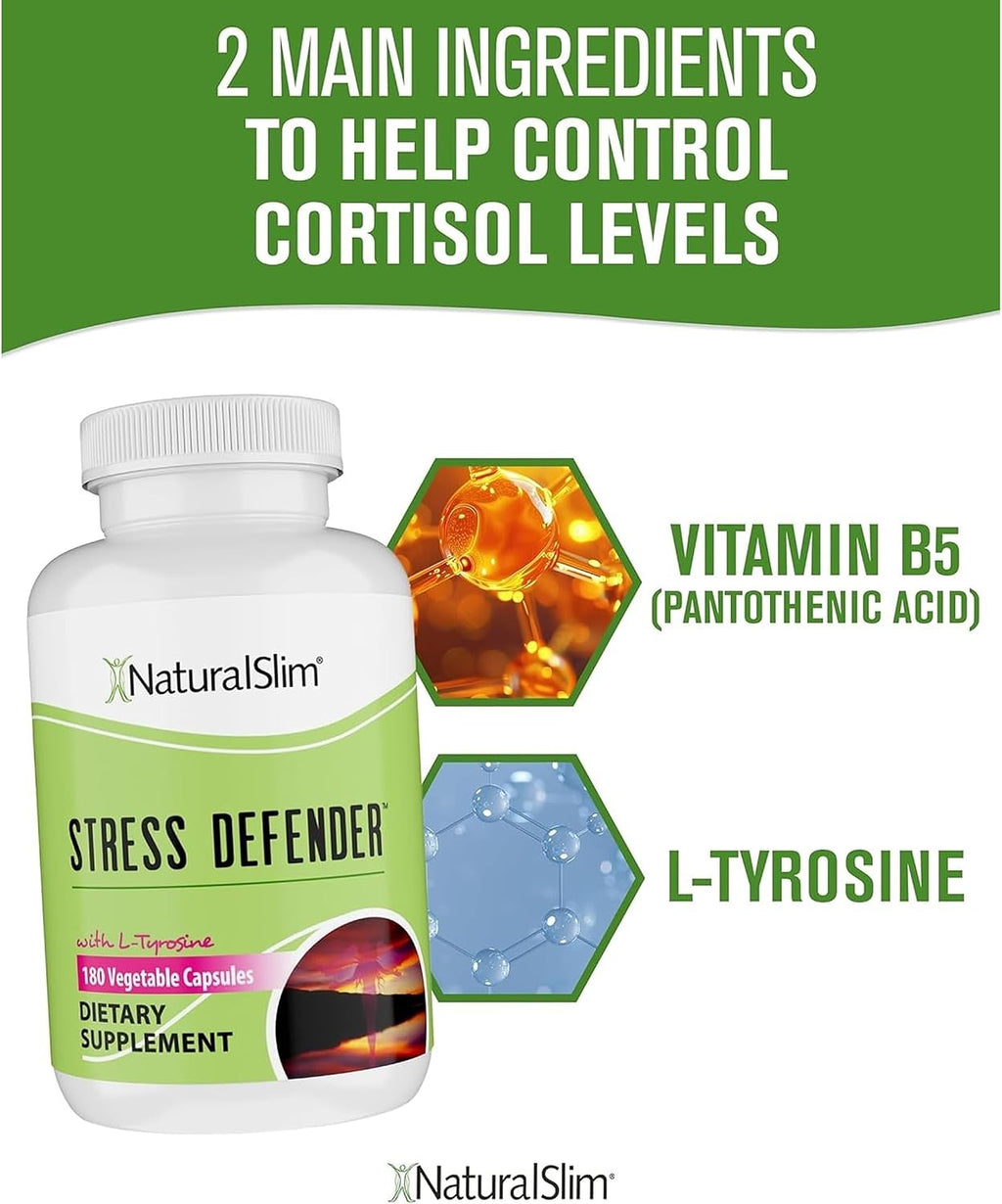 NaturalSlim Stress Defender Suplemento para el Estrés, Fórmula de Equilibrio de Cortisol con Vitamina B5 y L-Tirosina, Apoyo al Sueño y Metabolismo, 180 Cápsulas Vegetales (3 Paquetes)