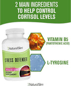NaturalSlim Stress Defender Suplemento para el Estrés, Fórmula de Equilibrio de Cortisol con Vitamina B5 y L-Tirosina, Apoyo al Sueño y Metabolismo, 180 Cápsulas Vegetales (3 Paquetes)