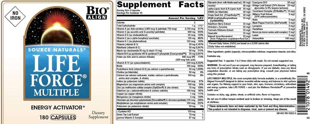 Life Force Multiple Sin Hierro - Multivitamínico de Alta Potencia con Vitaminas, Minerales y Antioxidantes - 180 Cápsulas