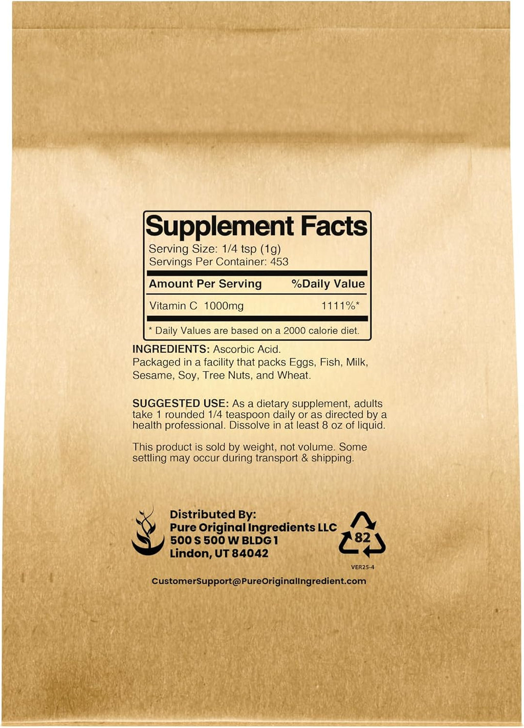 PURE ORIGINAL INGREDIENTS Vitamina C en Polvo (454 g) - Ácido Ascórbico, No Transgénico