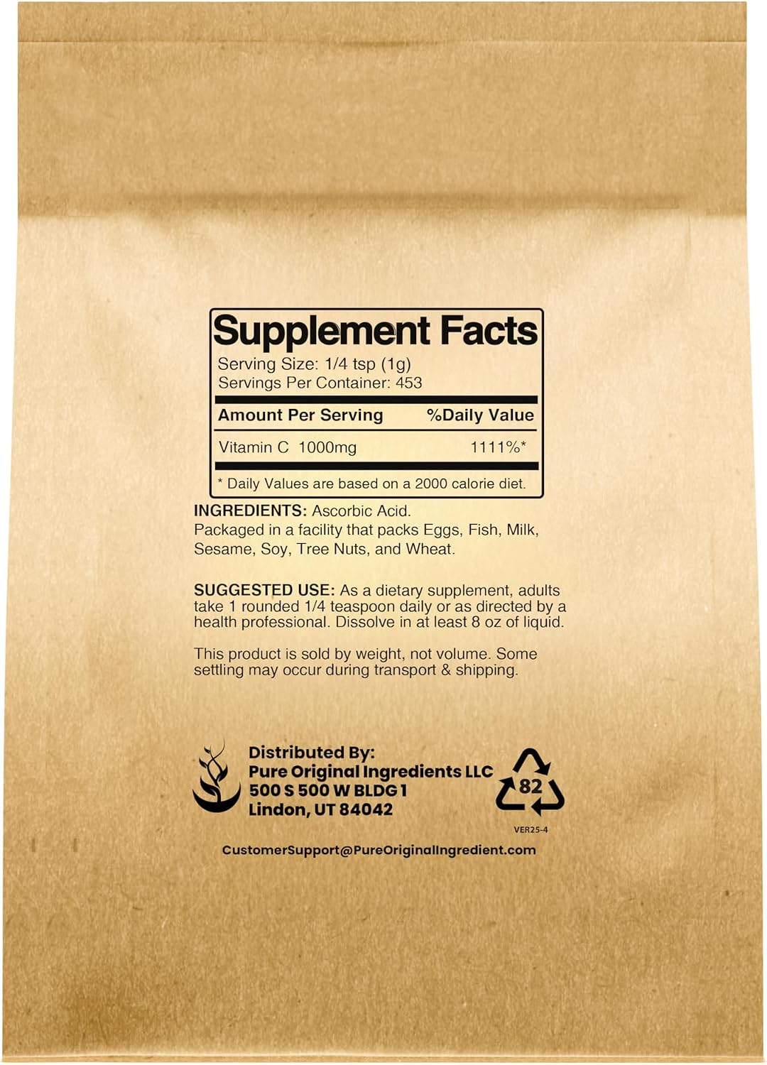 PURE ORIGINAL INGREDIENTS Vitamina C en Polvo (454 g) - Ácido Ascórbico, No Transgénico