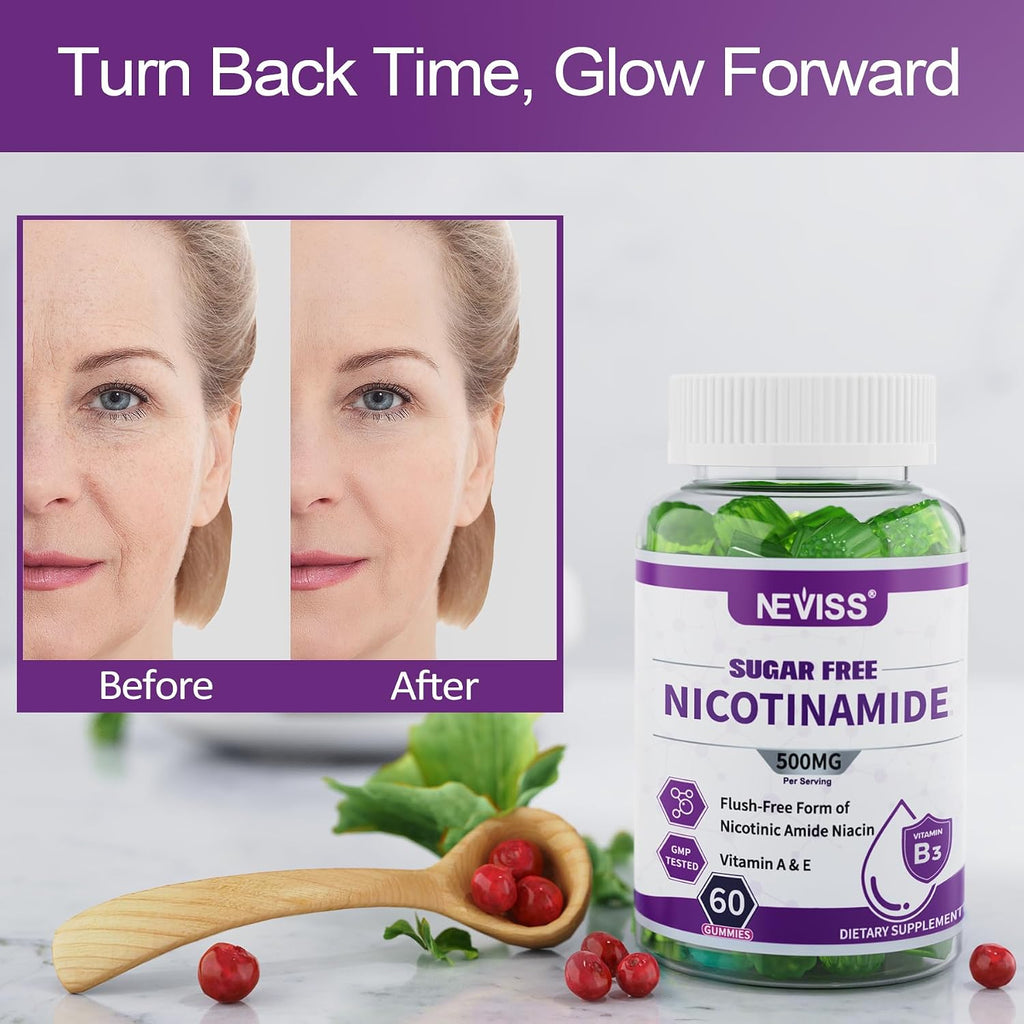 Gominolas de Nicotinamida 500mg sin Azúcar, (Niacinamida sin Flush) Suplemento de Vitamina B3 para Metabolismo Energético y Vitalidad, Sabor Arándano, 120 Unidades