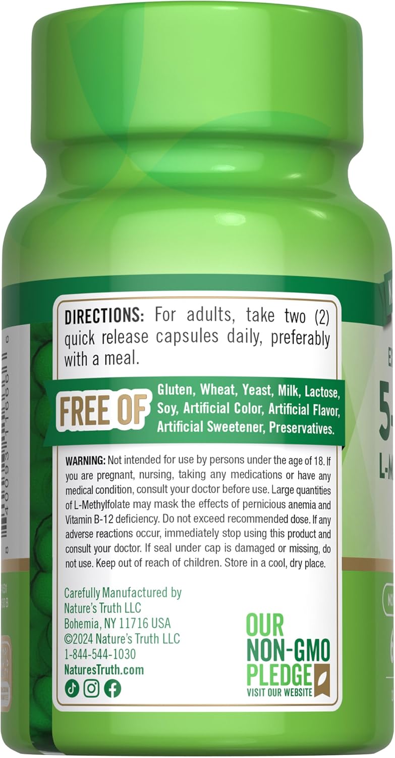 Nature's Truth L Methylfolate 15mg | 60 Cápsulas | Complemento Alimenticio Sin Gluten y No-GMO | Fórmula Extra Fuerte