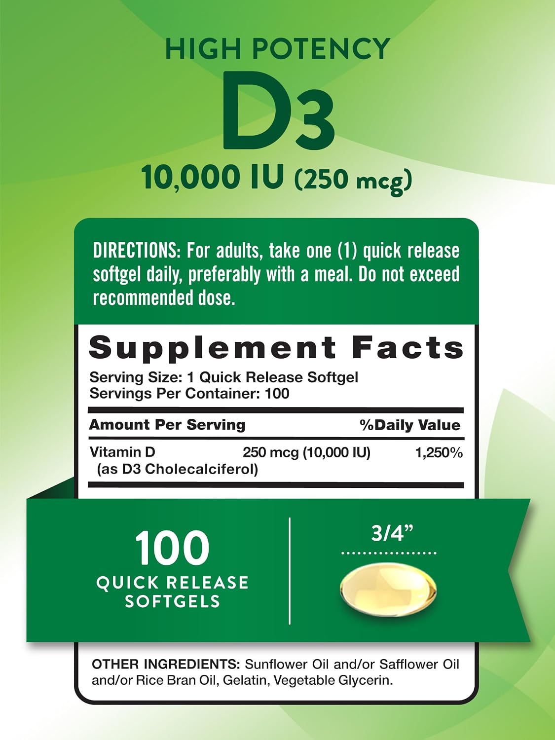Nature's Truth Vitamina D3 10.000 UI – 100 Cápsulas Blandas