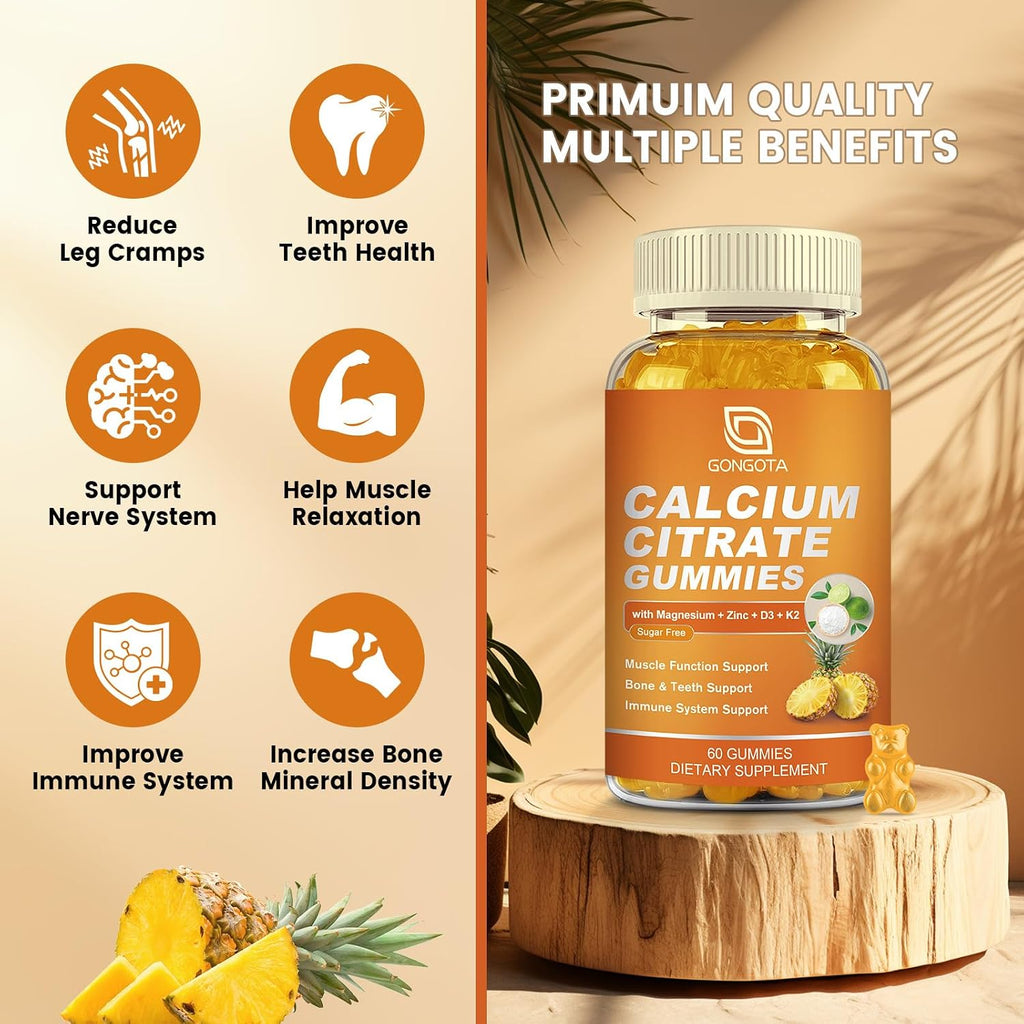 GONGOTA Gominolas de Citrato de Calcio 1200 mg con Vitamina D3 - Apoyo para Huesos, Músculos y Articulaciones - Sin Azúcar, Sabor Piña - 120 Gominolas