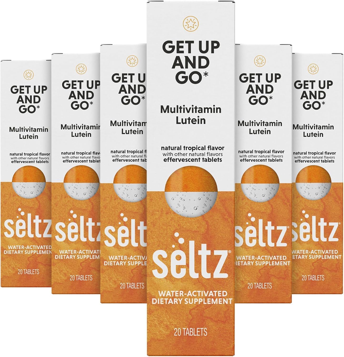 Seltz Multivitamínico en Comprimidos Efervescentes con Luteína, Antioxidante Diario y Apoyo a la Salud Ocular, Get Up and Go, Sabor Tropical, Se Disuelve en Agua, 120 Comprimidos, Paquete de 6