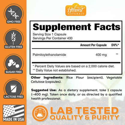 HARVEST NATURALS Palmitoiletanolamida (PEA) 400mg - 400 Cápsulas – Image 6