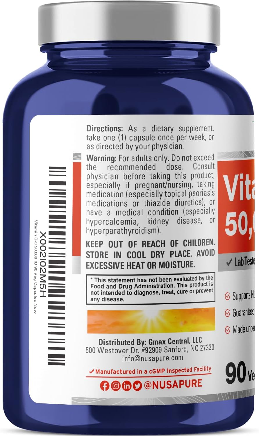 NusaPure Vitamina D3 50.000 IU 90 Cápsulas Veganas (No-GMO)