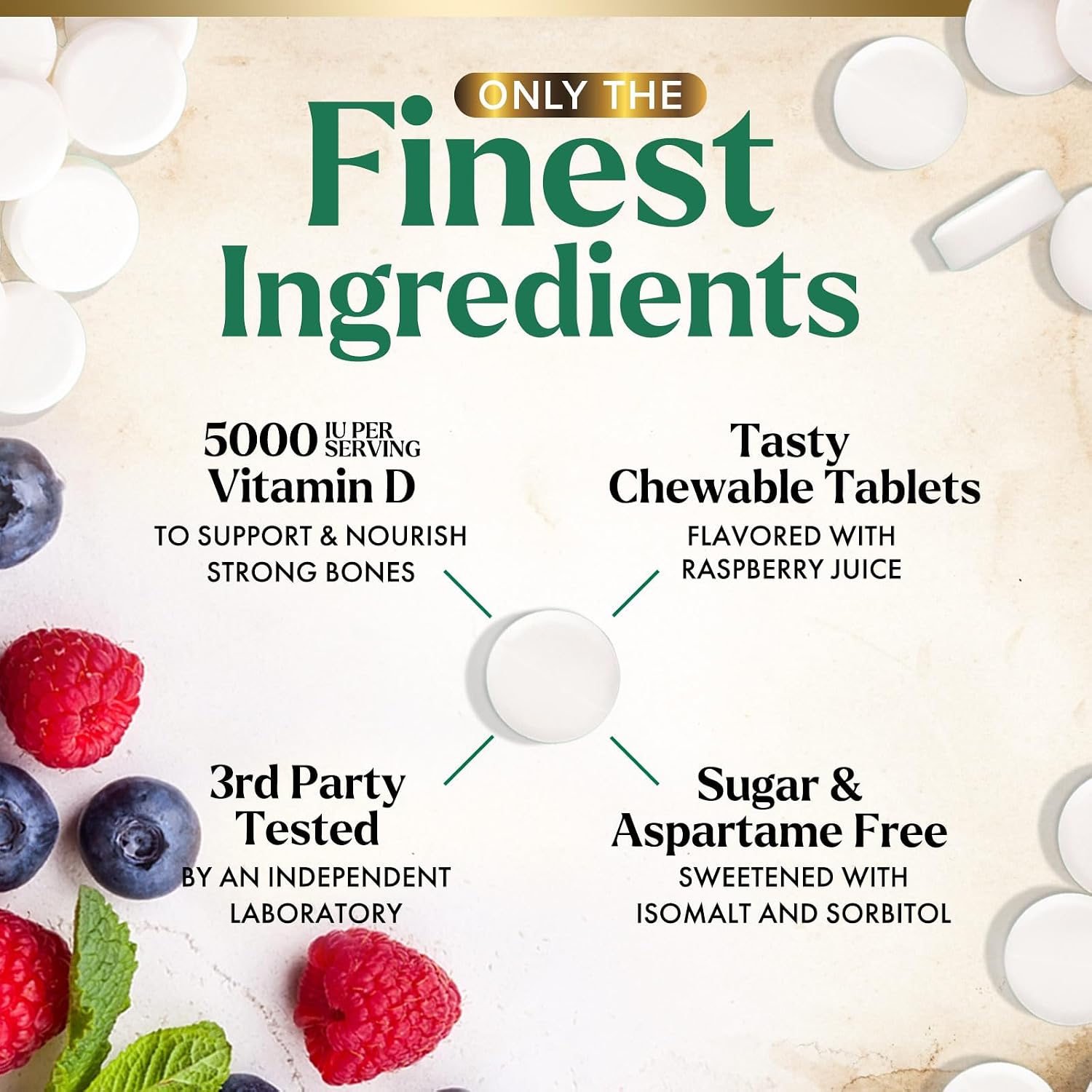 Vitamina D3 5000 UI (125 mcg) por Dosis - Comprimidos Masticables Extra Fuertes sin Azúcar - Apoyo Inmunitario, Huesos, Dientes y Músculos - Sin Gluten - 60 Comprimidos