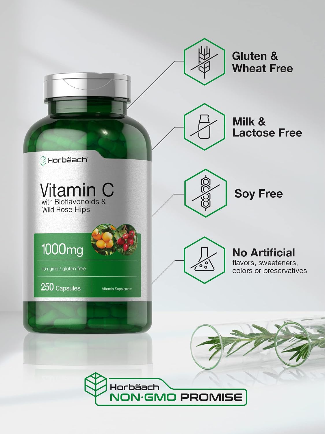 Horbäach Vitamina C 1000 mg con Bioflavonoides y Escaramujo - 250 Cápsulas