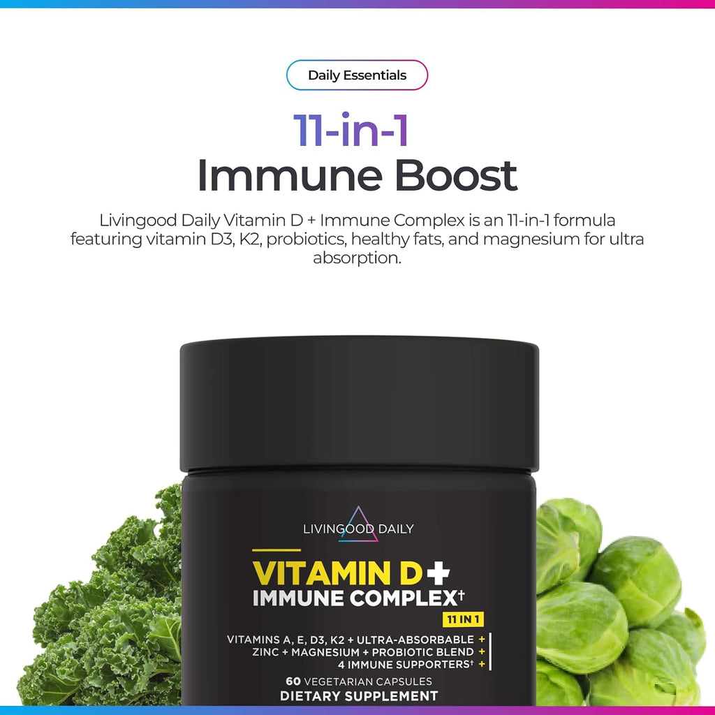 Livingood Daily Vitamina D3 K2 4000 UI, 9 en 1 con Vitaminas A, E, Zinc, Magnesio y Probióticos - 60 Cápsulas