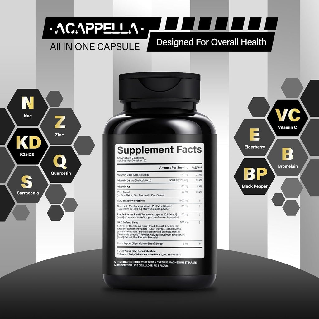 ACAPPELLA N-Acetil Cisteína (NAC) Complejo con Vitamina D3 K2, Zinc, Quercetina, Sarracenia, Saúco, Propóleo y Más - 120 Cápsulas