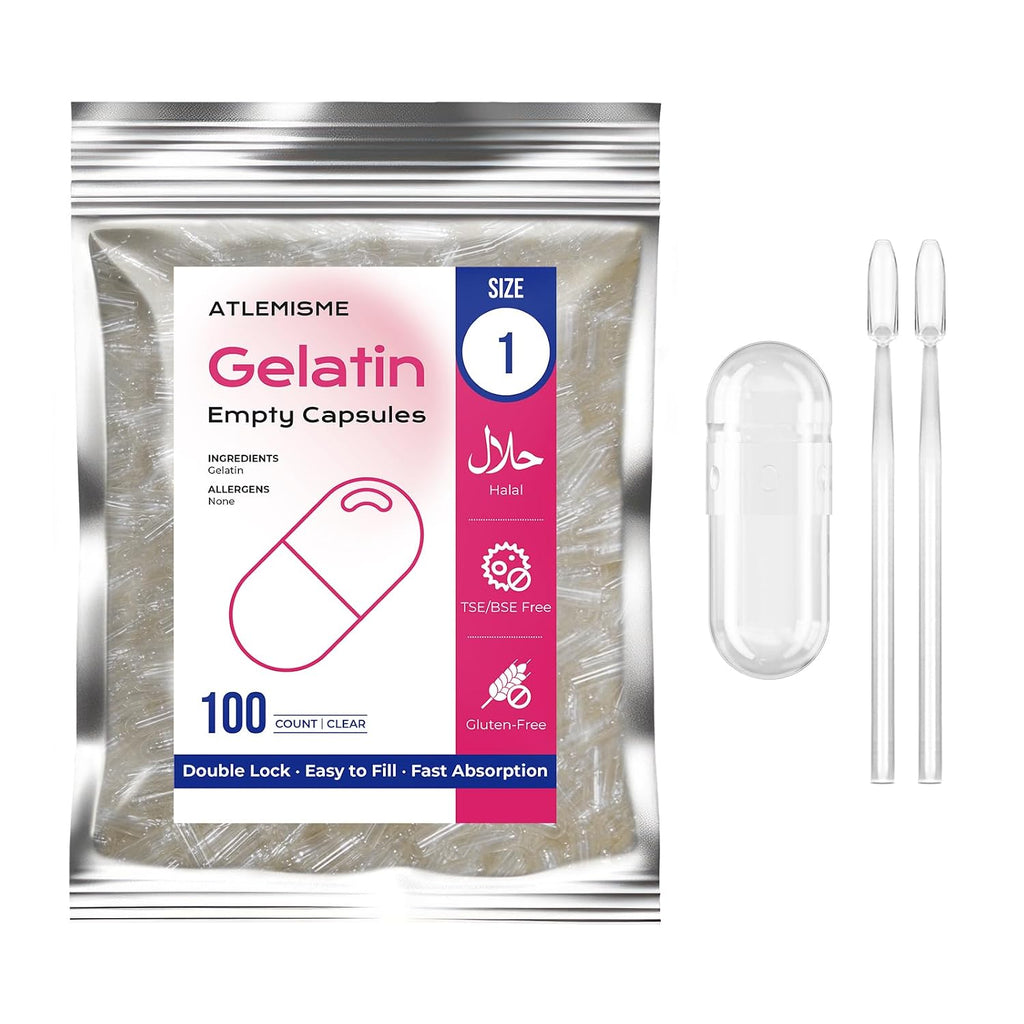 Cápsulas de Gelatina Vacías Tamaño 1 (100 uds) con 2 Cucharas Micro - ATLEMISME