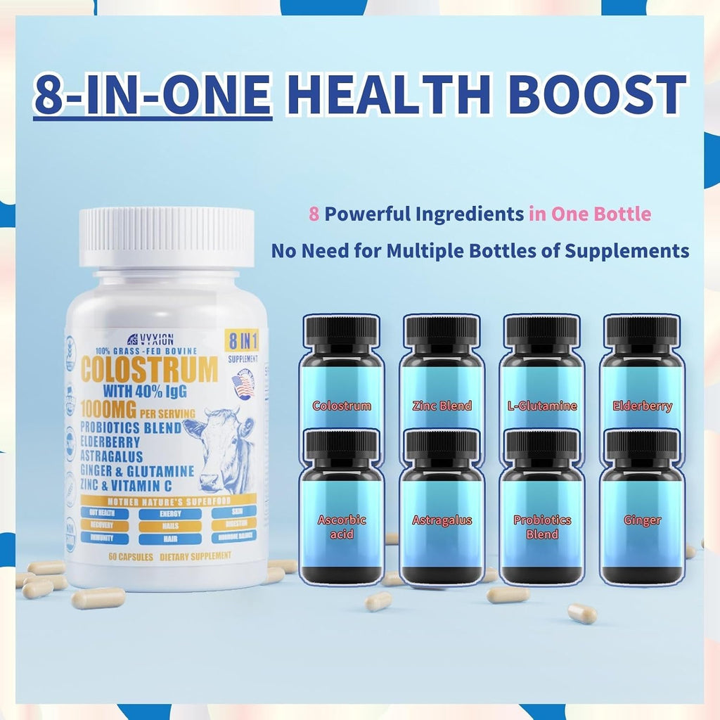 Vyxion 8-en-1 Colostro Bovino 1000mg con 40% IgG y Probióticos - 60 Cápsulas
