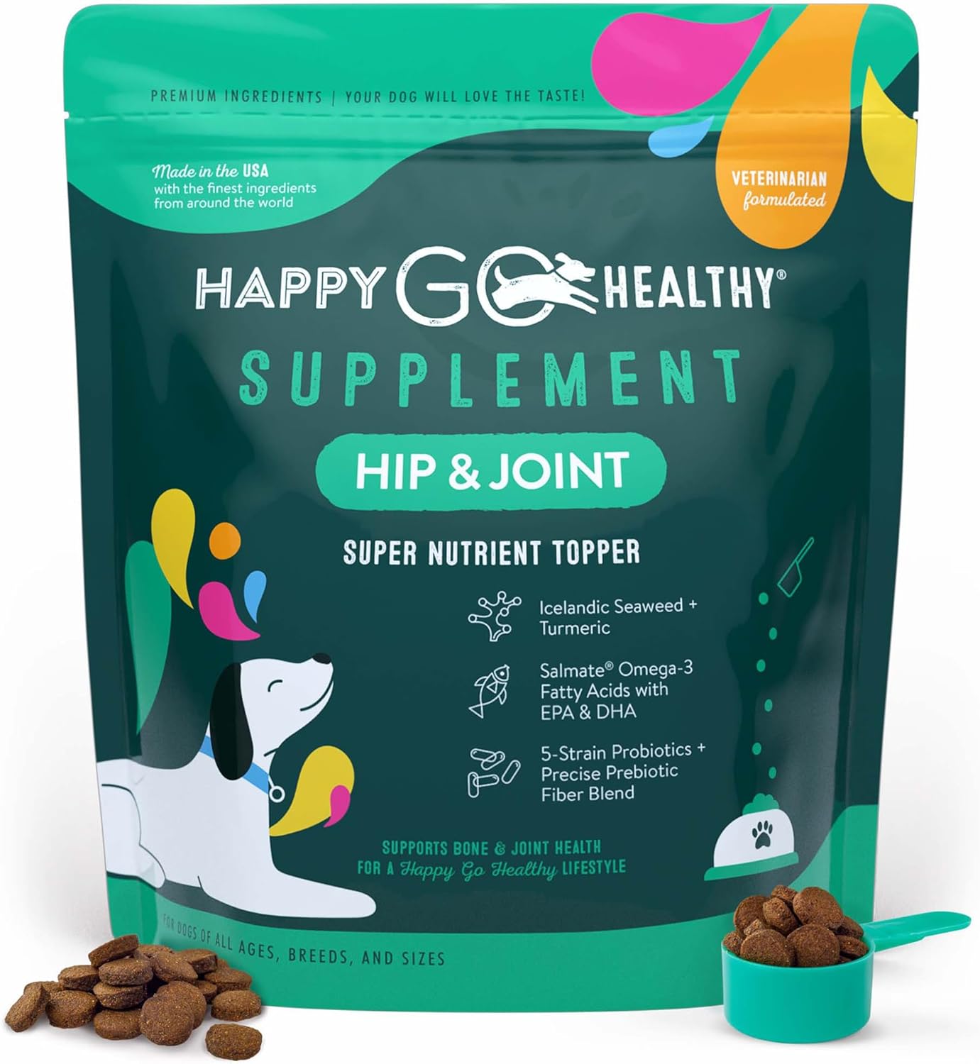 Happy Go Healthy Complemento Diario para Perros | Probióticos y Prebióticos con Aceite de Salmón y Algas | 120 unidades