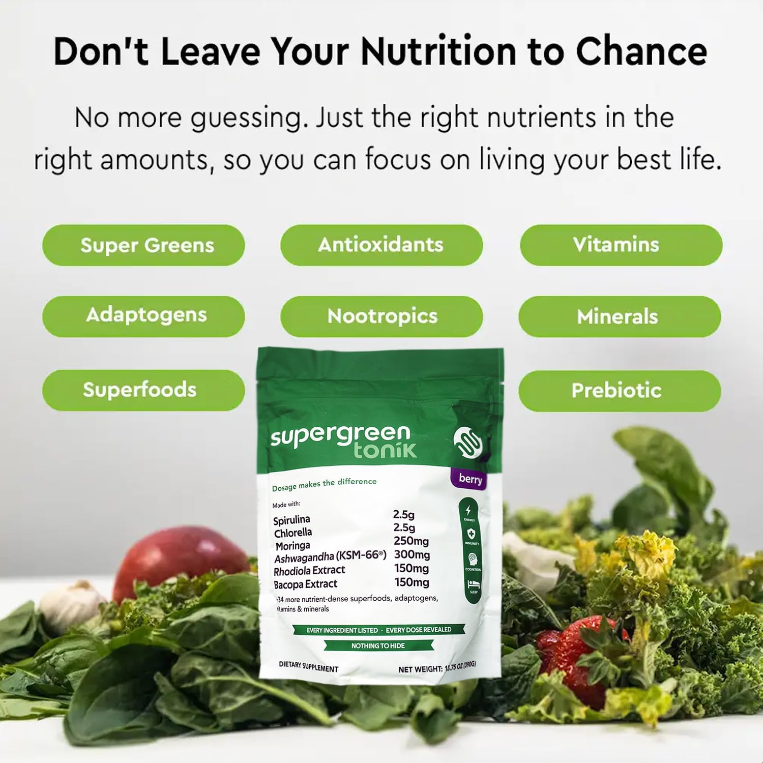 SUPERGREEN TONIK 100% Natural Greens Superfood Powder – Suplemento diario con 40 superalimentos, vitaminas y minerales – Ayuda a la energía, estrés e inmunidad – 30 días 360 gramos Sabor Berry (1 Bolsa)