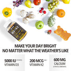 Vitamin D3 K2 Bear Gummies - Vitamina D3 5000 UI, K2 200 mcg + Calcio 600 mg para Adultos, Vegano, 60 Gominolas