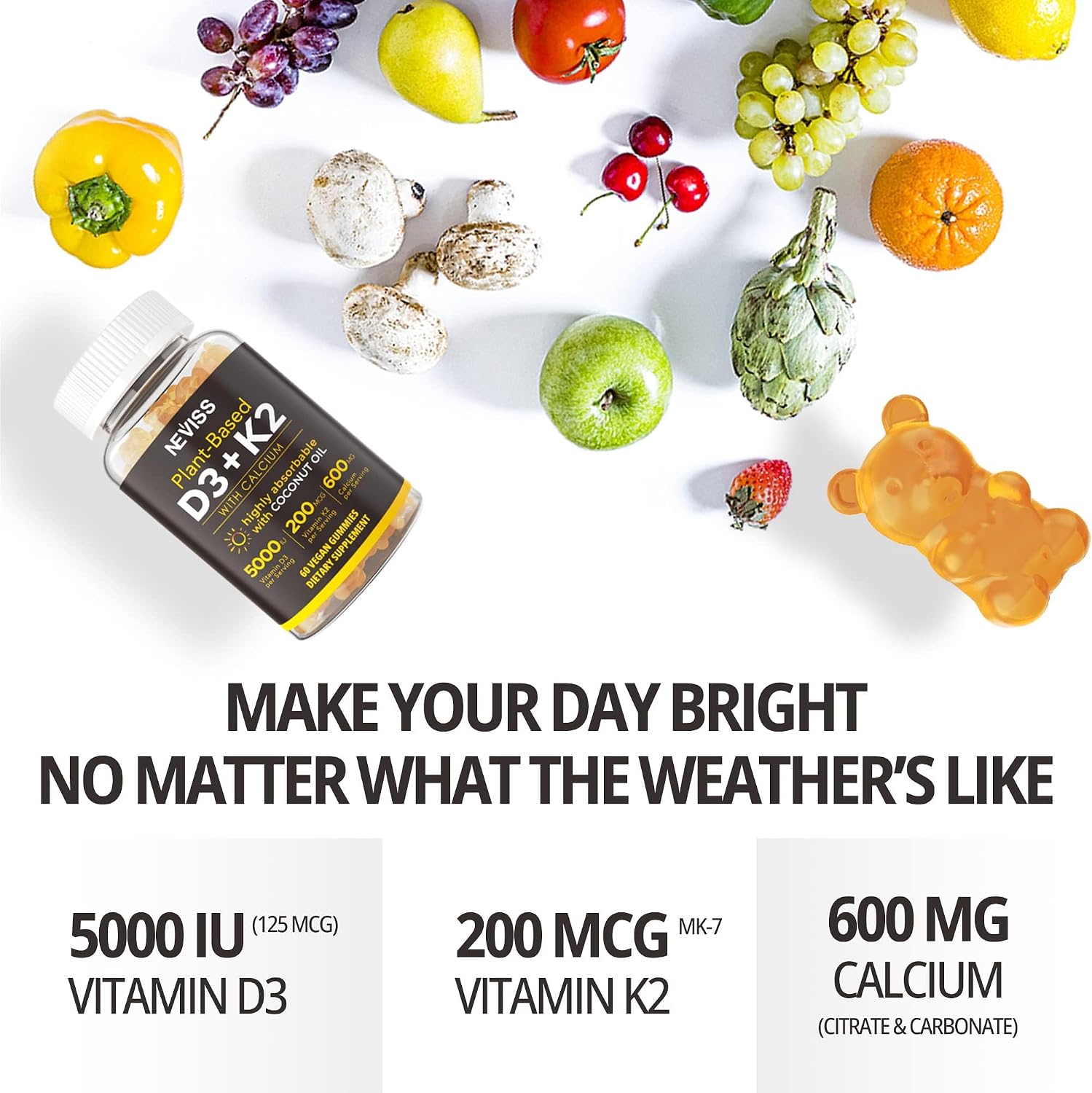 Vitamin D3 K2 Bear Gummies - Vitamina D3 5000 UI, K2 200 mcg + Calcio 600 mg para Adultos, Vegano, 60 Gominolas