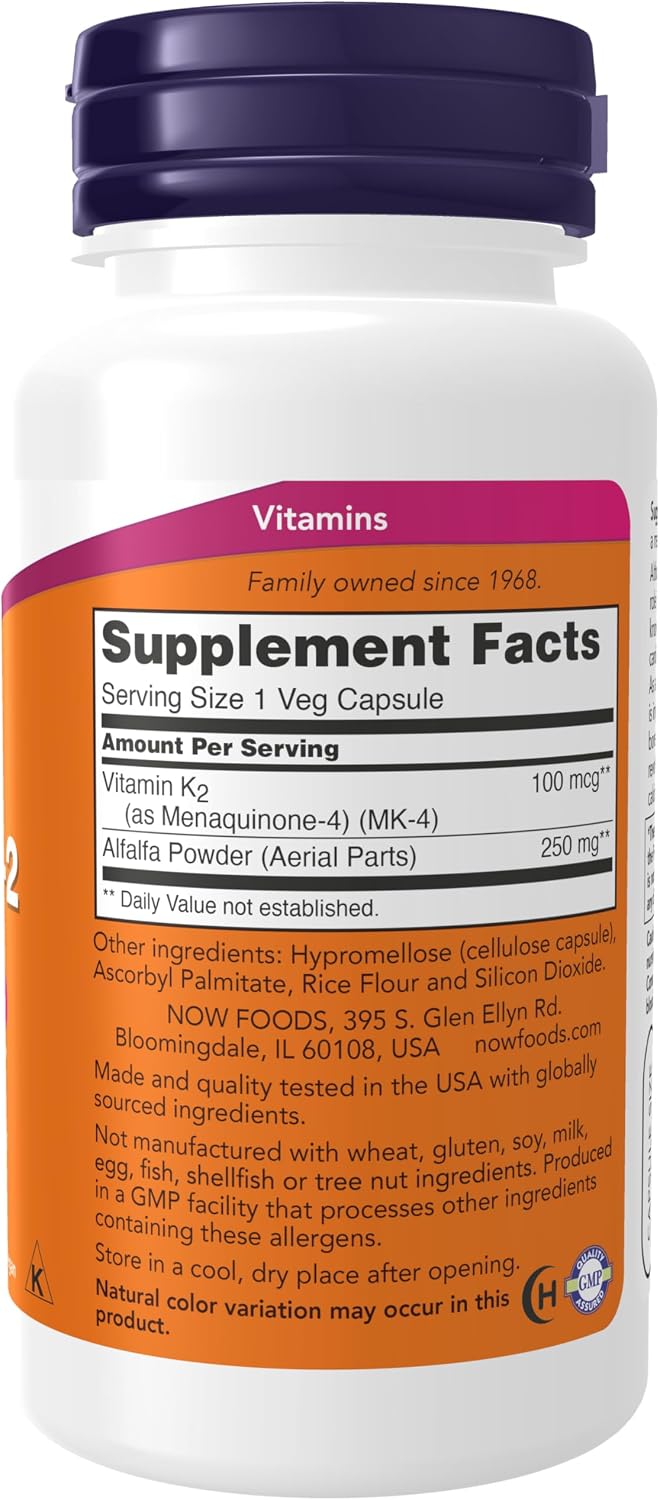 Vitamina K-2 100 mcg (Menaquinona-4 MK-4) – NOW Foods, 100 Cápsulas Veganas