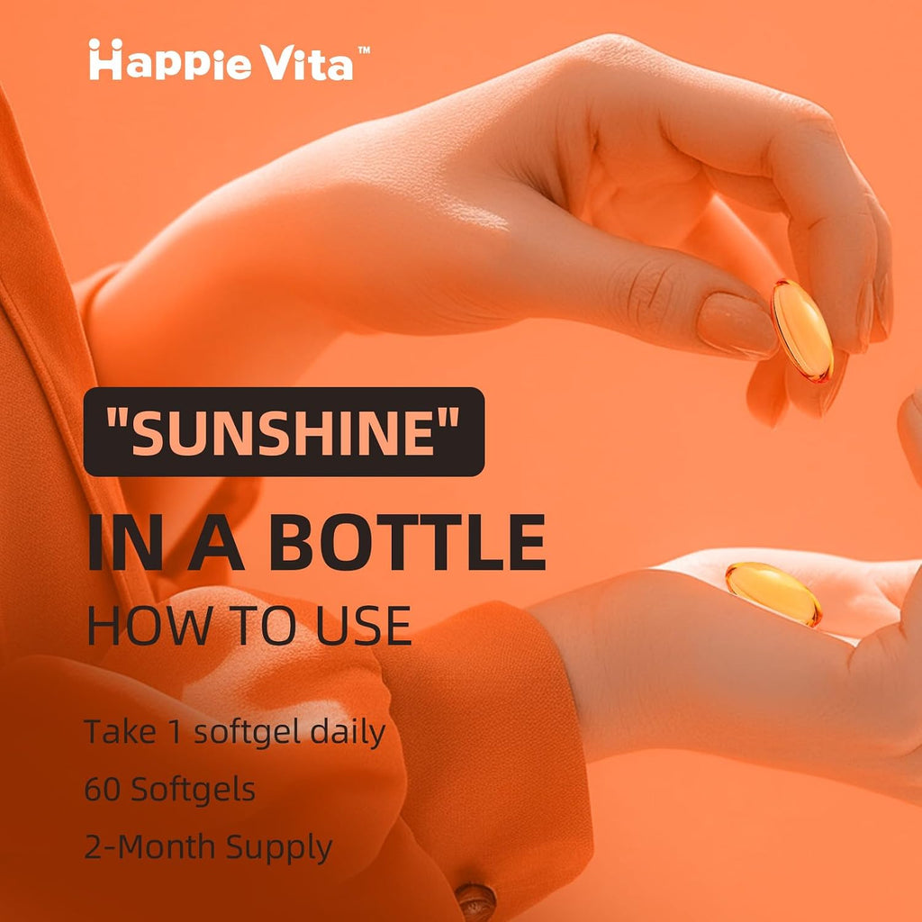HappieVita Vitamina D3 K2, 5000 UI (125 mcg) + Vitamina K2 100 mcg, 2 en 1, 60 Cápsulas Blandas