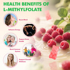 MEENCCD 2 Pack L-Methylfolate Gummies, Methylfolate Supplement, 5-MTHF Supplement - Active 5-MTHF - Supports Overall Wellness, Vegan, Raspberry Flavor, 120 Count
