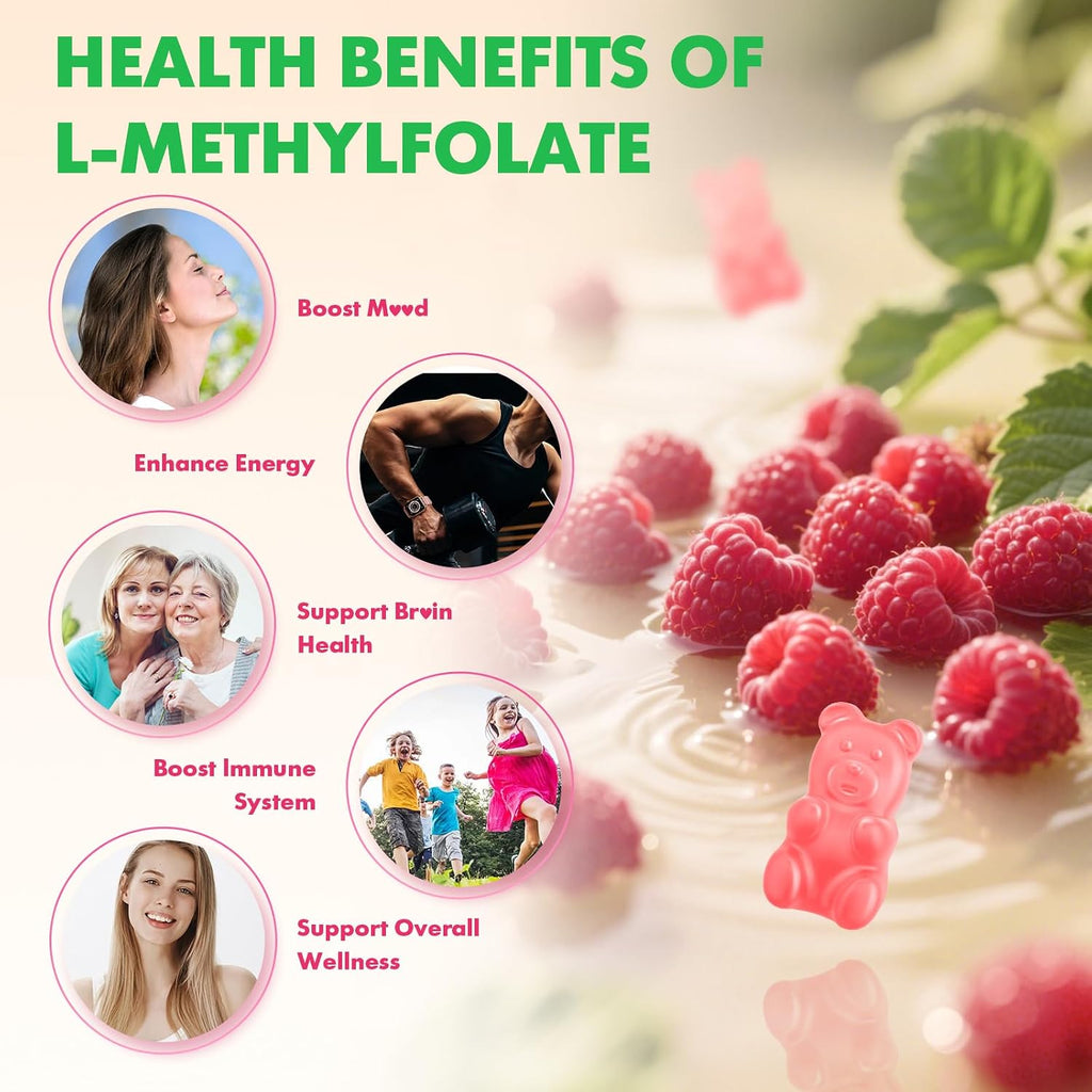 MEENCCD L-Methylfolate Gummies - Complemento de Metilfolato Activo 5-MTHF, 60 Gomitas Veganas Sabor Frambuesa