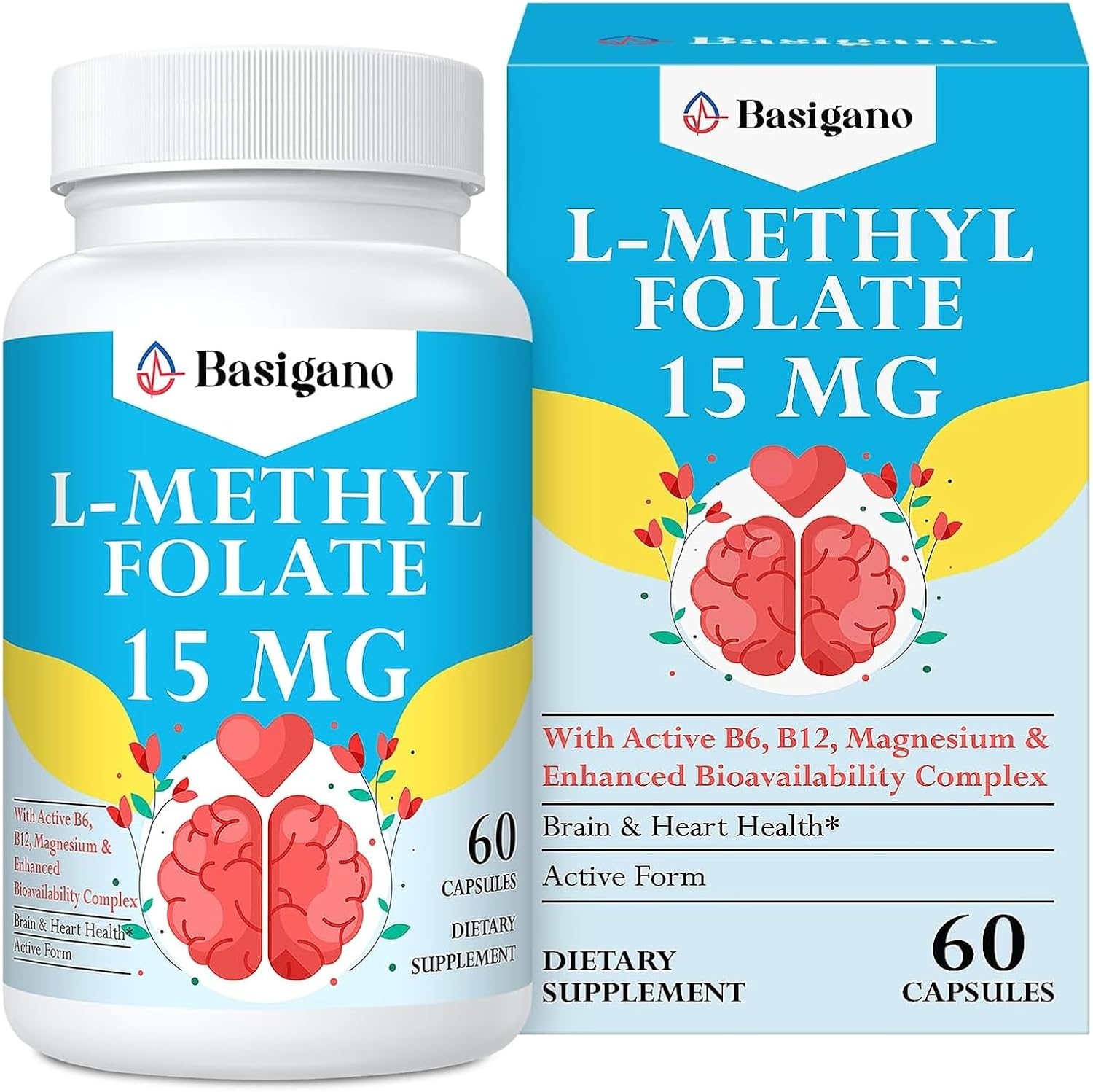 L-Metilfolato 15mg (5-MTHF) - Ácido Fólico Activo Enriquecido con Vitaminas B6 y B12 - 60 Cápsulas Vegetales - No GMO, Sin Gluten
