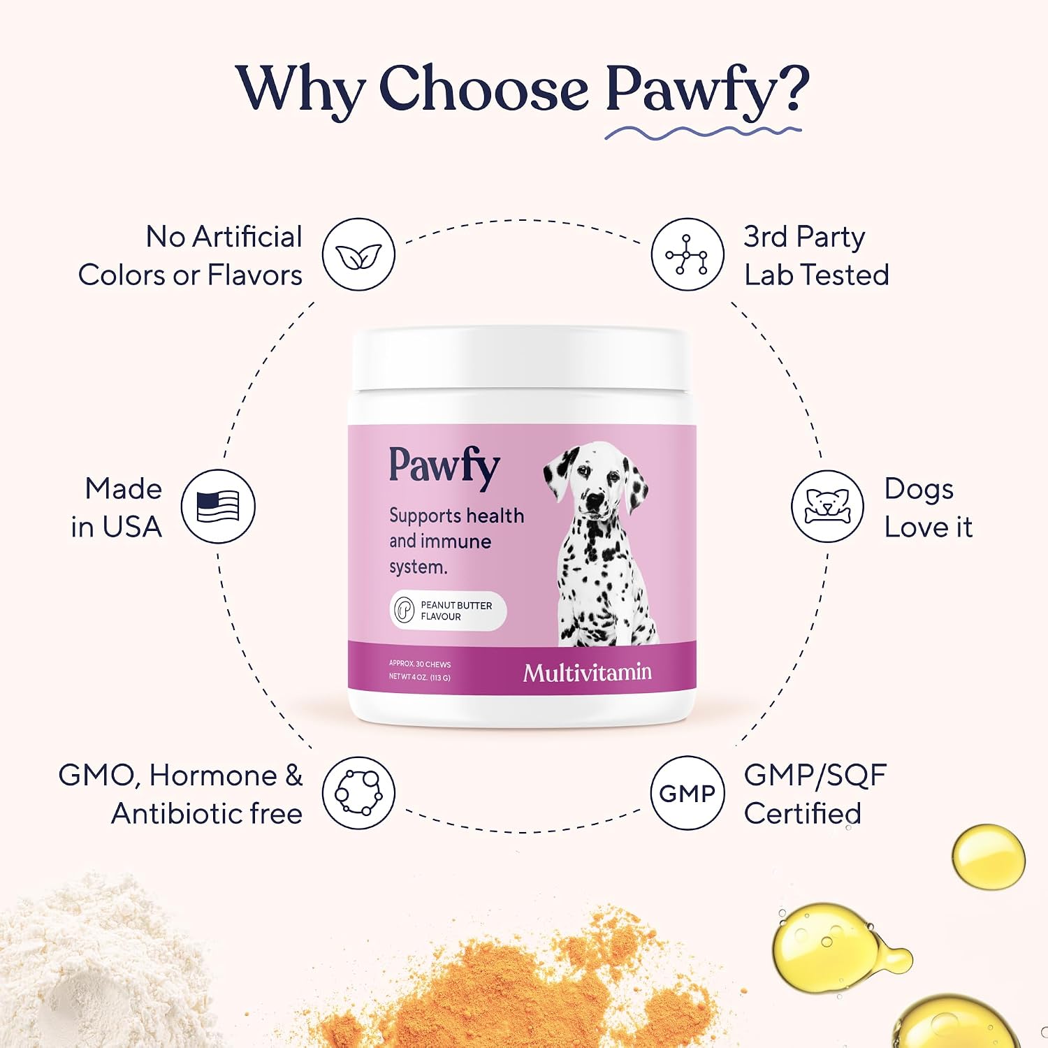 Pawfy Multivitamínicos para Perros 15 en 1 | Vitaminas para Piel y Pelaje | Apoyo para Perros Mayores | 30 Comprimidos