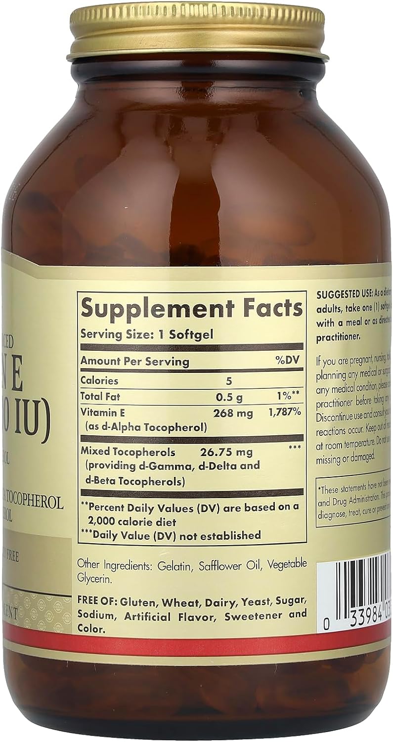Solgar Vitamina E, d-Alfa Tocoferol más d-Gamma, d-Delta y d-Beta Tocoferol, 268 mg (400 UI), 250 Cápsulas Blandas