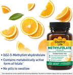 Country Life Metilfolato Masticable - Folato Activo con Vitamina B12 - Sabor Naranja - Sin Gluten - Vegano - 60 Comprimidos