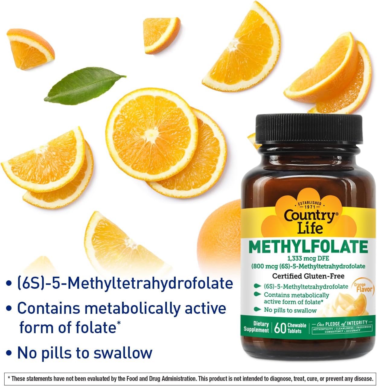 Country Life Metilfolato Masticable - Folato Activo con Vitamina B12 - Sabor Naranja - Sin Gluten - Vegano - 60 Comprimidos