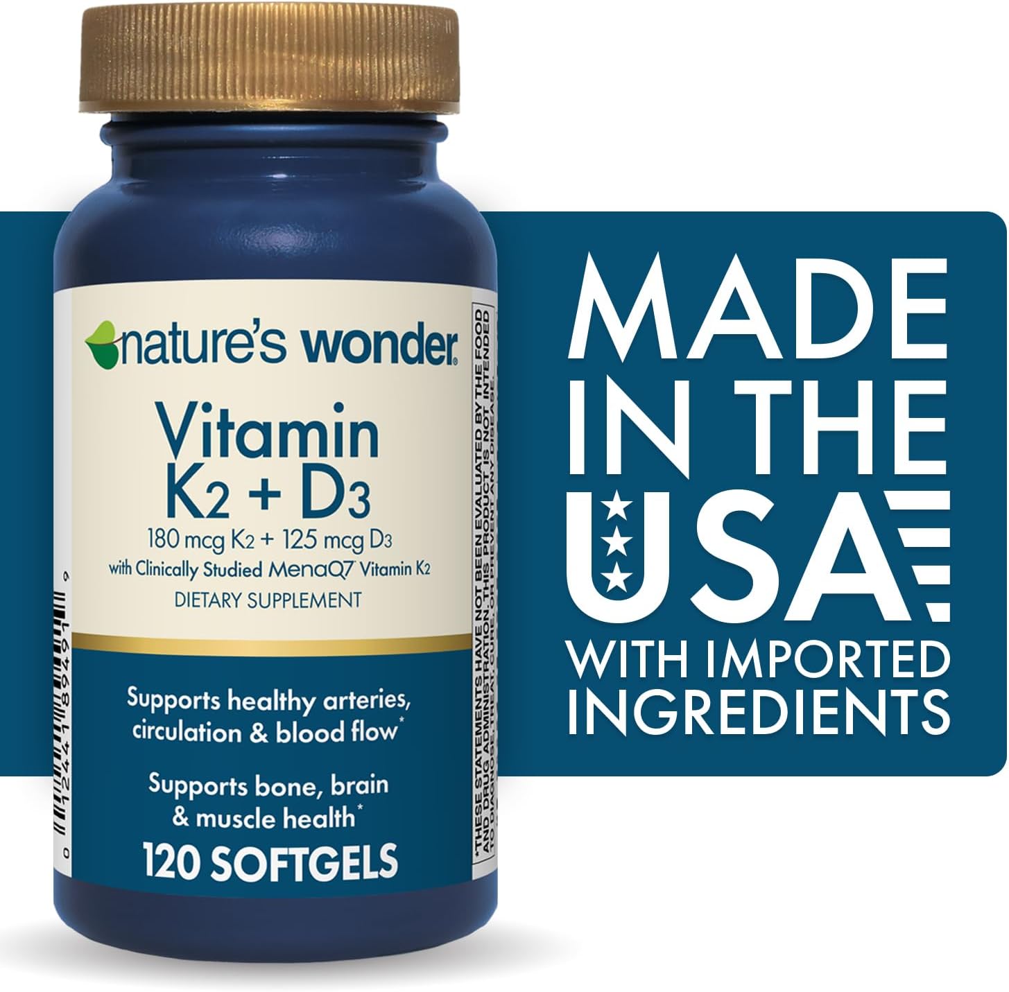 Nature's Wonder Vitamina K2 + D3 con MenaQ7, 120 cápsulas