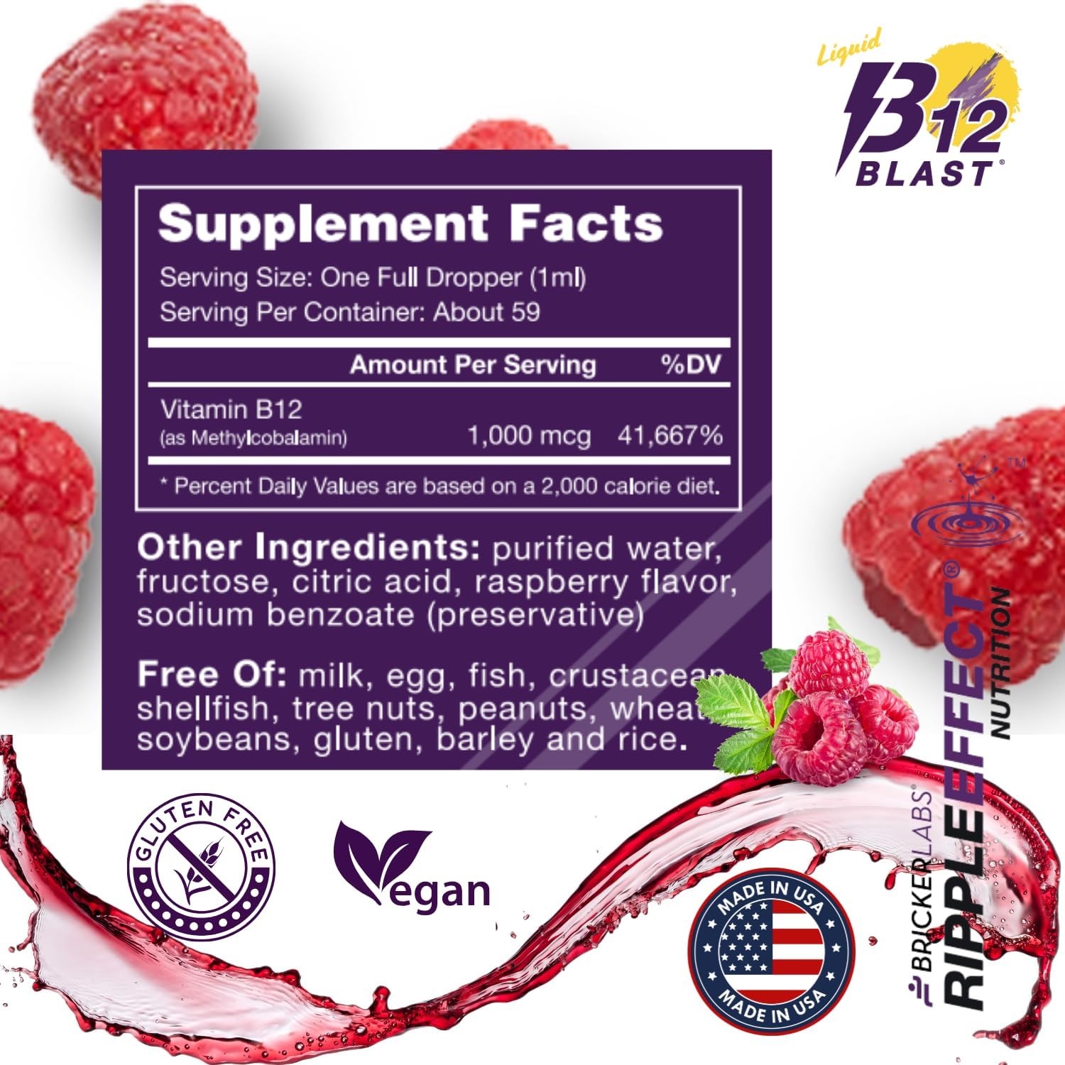 Bricker Labs B12 Blast Metilcobalamina 1000mcg - Suplemento Líquido Sublingual de Vitamina B12, Vegano, 59 Dosis