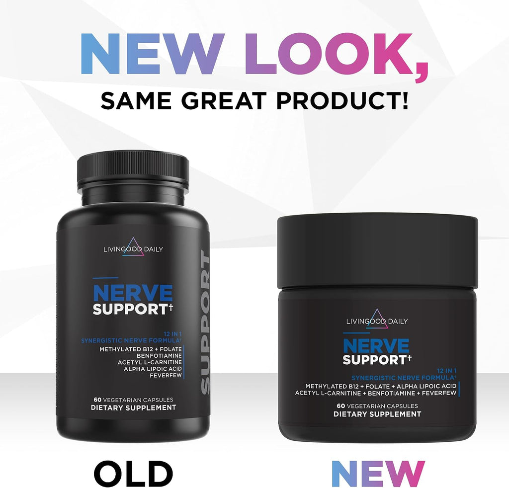 Livingood Daily Nerve Support Supplement - Complemento para el Sistema Nervioso 12-en-1 con B12 Metilada, Folato, Benfotiamina, Ácido Alfa Lipoico y Matricaria - Sin Gluten, No GMO - 60 Cápsulas